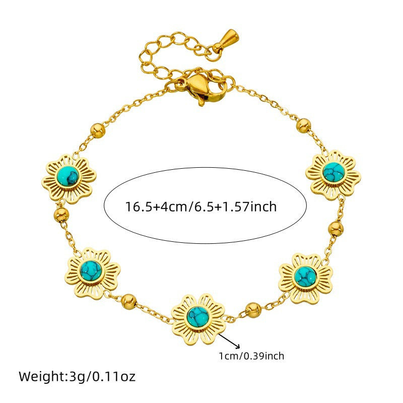 Vintage Gold Plated Stainless Steel Floral Turquoise Jewelry Set for Women