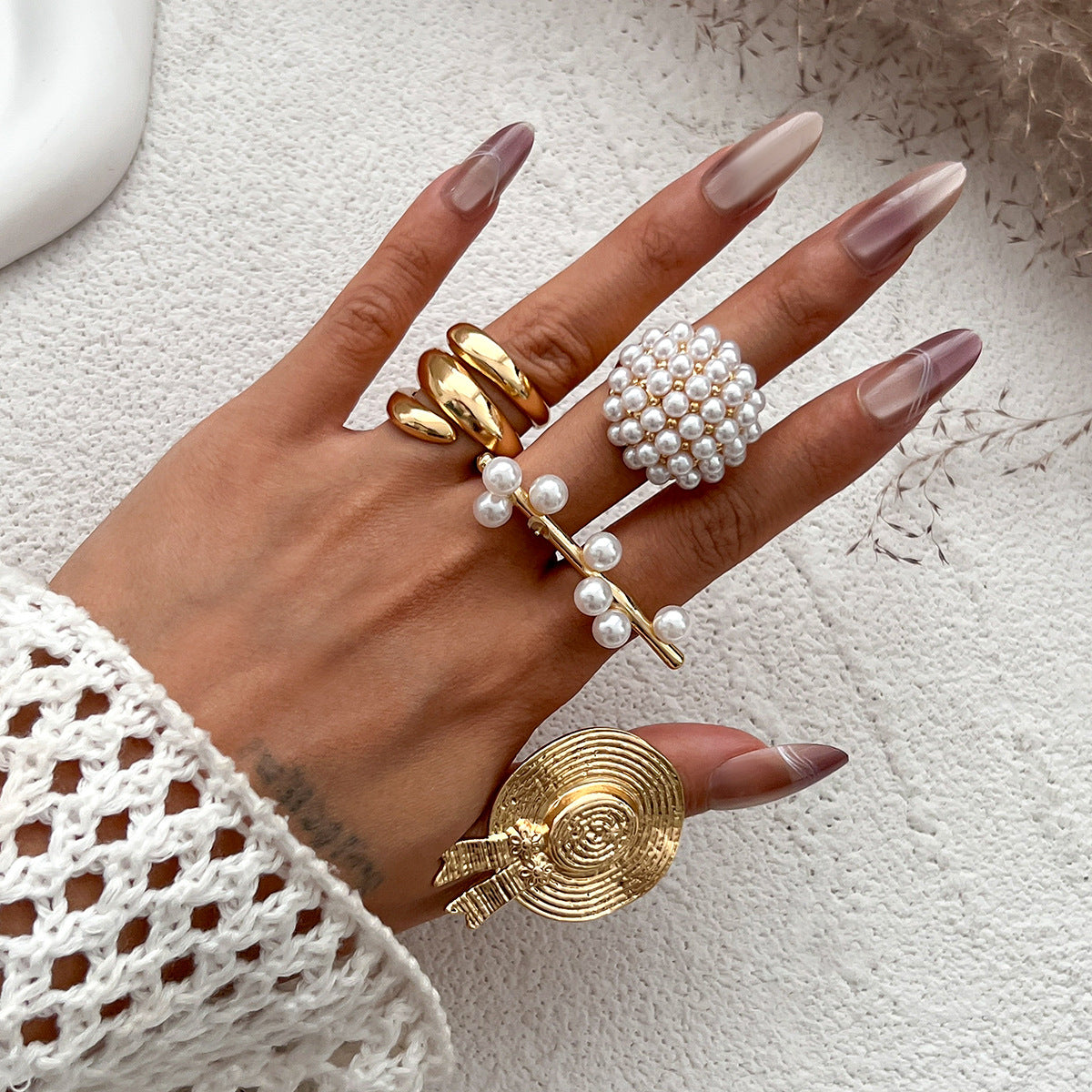 Unique Geometric Pearl-Style Statement Knuckle Ring with Plated Finish for Women