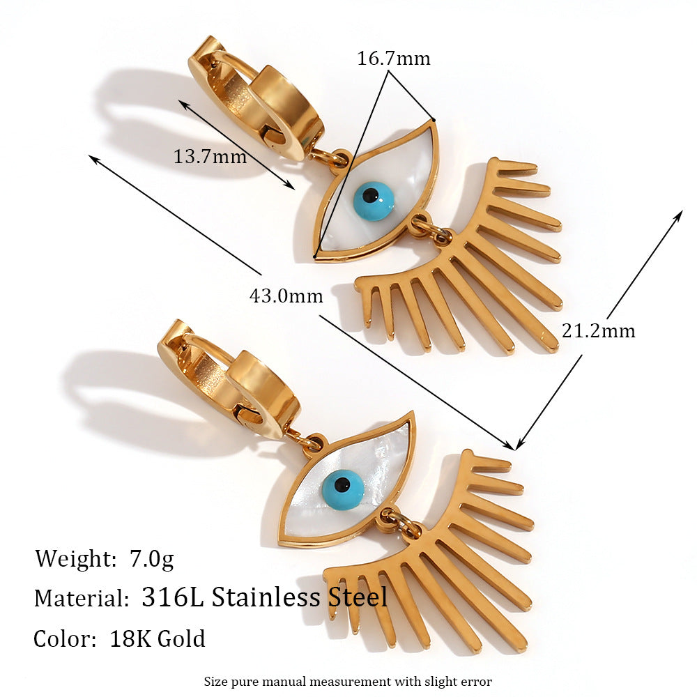 Fashionable Geometric Stainless Steel Ear Cuffs with 18K Gold Plating and White Abalone Inlay Shaped Like Eyes for Women