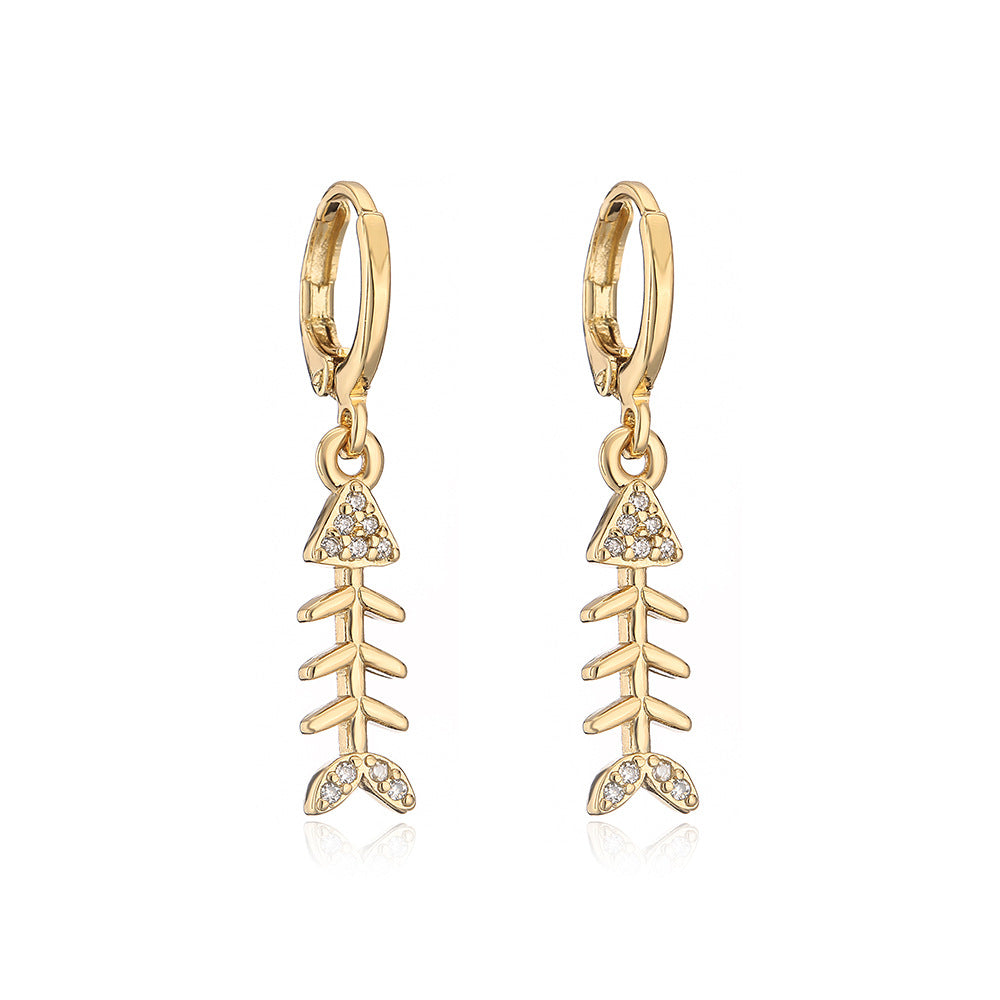 Minimalist Geometric Pineapple Fishbone Earrings for Women with Copper Base Plated in 18K Gold and Micro-Paved Zirconia