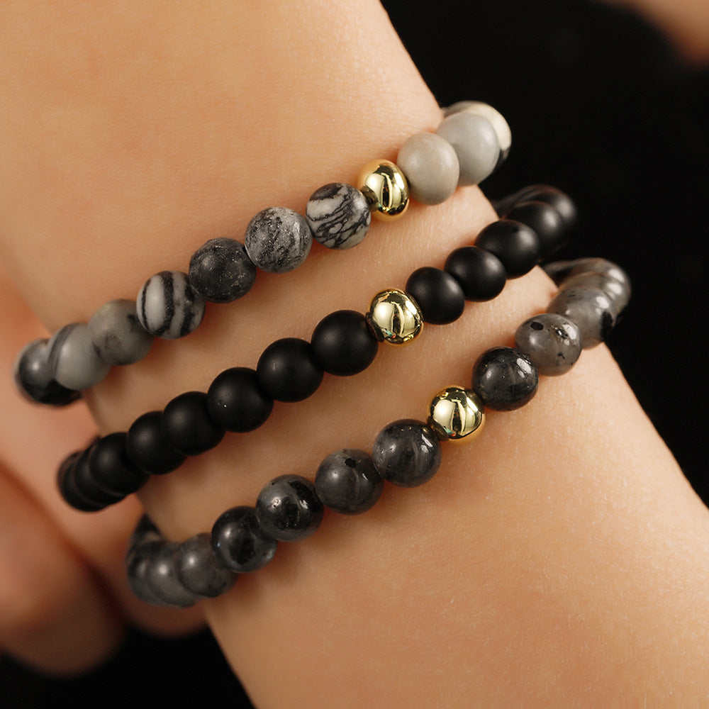 Vintage Minimalist 6mm Round Gemstone Beaded Bracelet Set Plated Geometric Design