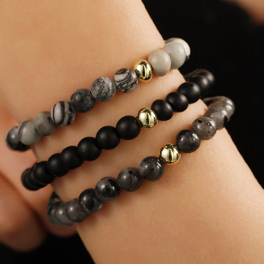 Vintage Minimalist 6mm Round Gemstone Beaded Bracelet Set Plated Geometric Design