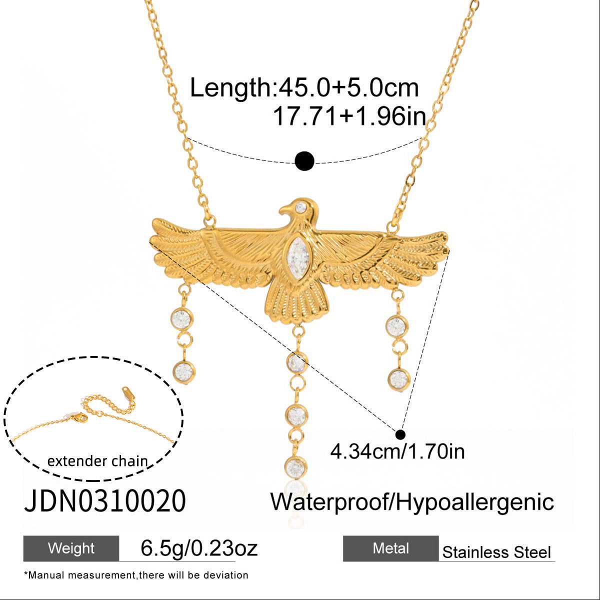 Collana da donna minimalista con ciondolo a forma di aquila in acciaio al titanio con intarsio di strass su catena in acciaio inossidabile