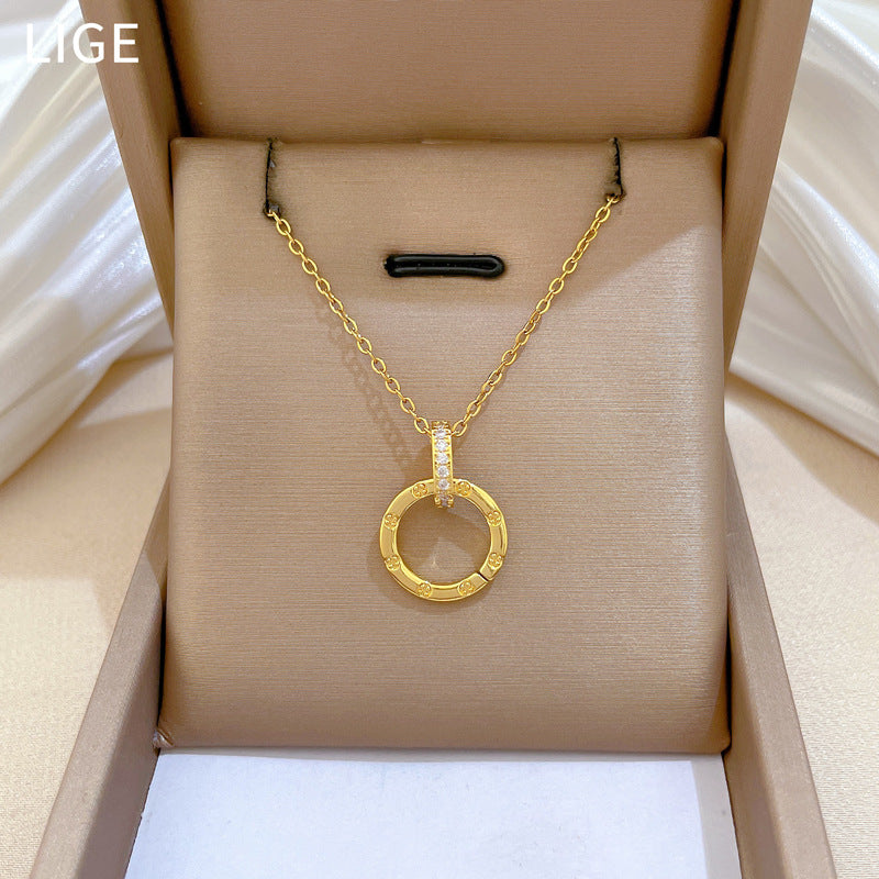Minimalist Sweet Round Geometric Rhinestone Titanium Steel Necklace for Unisex