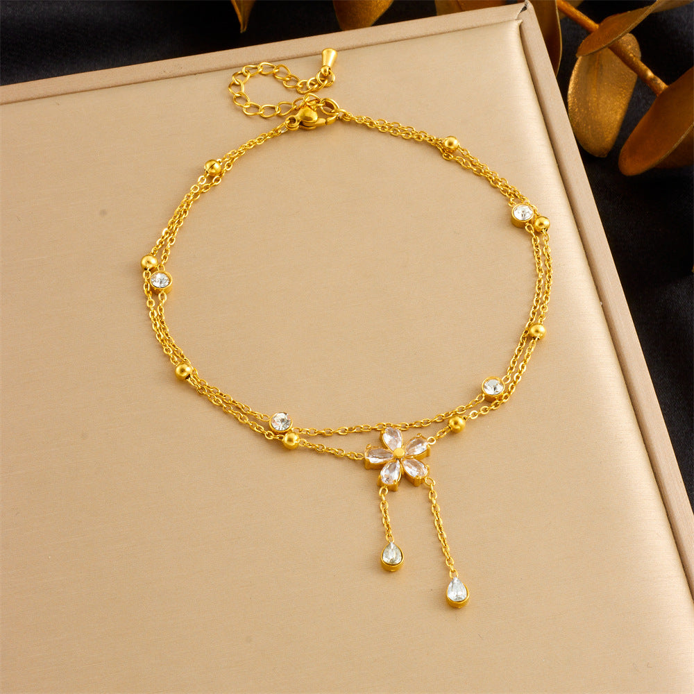 Minimalist Gold Plated Stainless Steel Floral Rhinestone Tassel Double Layer Anklet