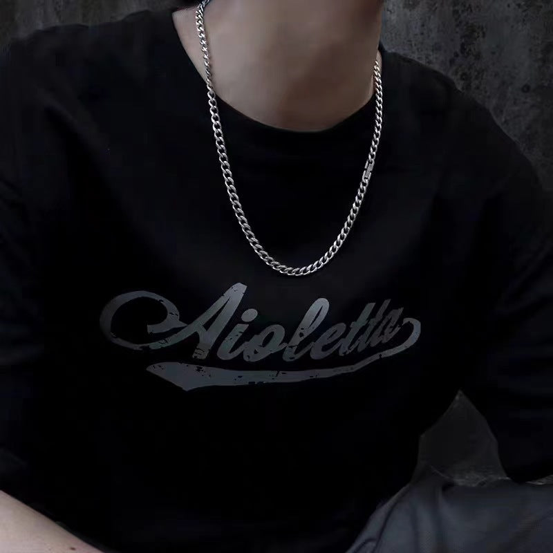 Hip-hop Geometric Round Titanium Steel Plated Cuban Link Chain Necklace for Men