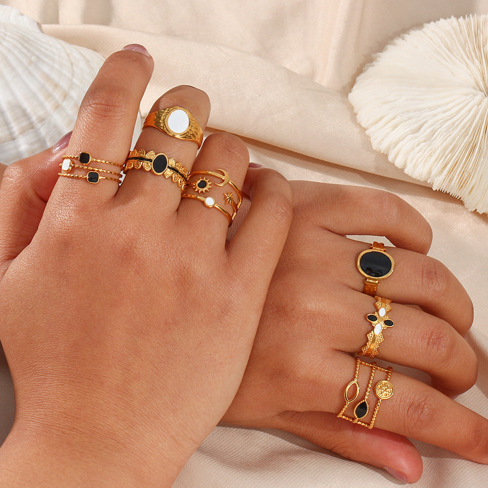 Fashionable Geometric Stainless Steel Ring with Enamel Black and White Sun Moon Star Design Three-Layer Open Band
