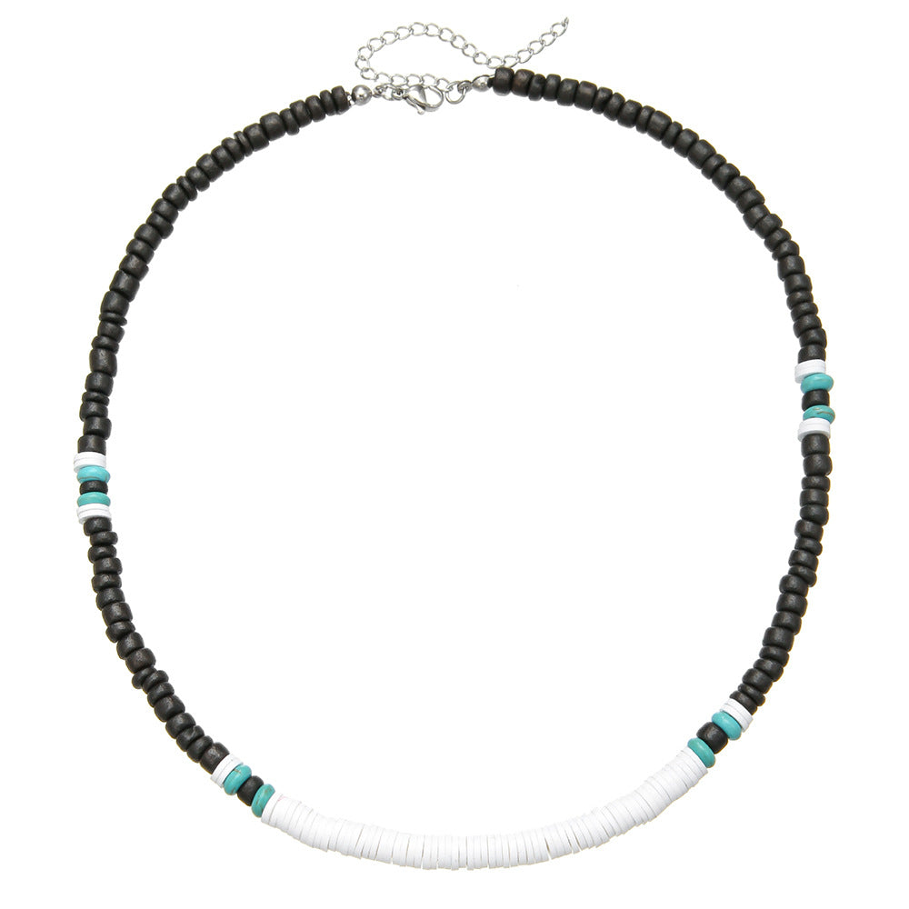 Unisex Handmade Geometric Coconut Shell and Turquoise Beaded Necklace