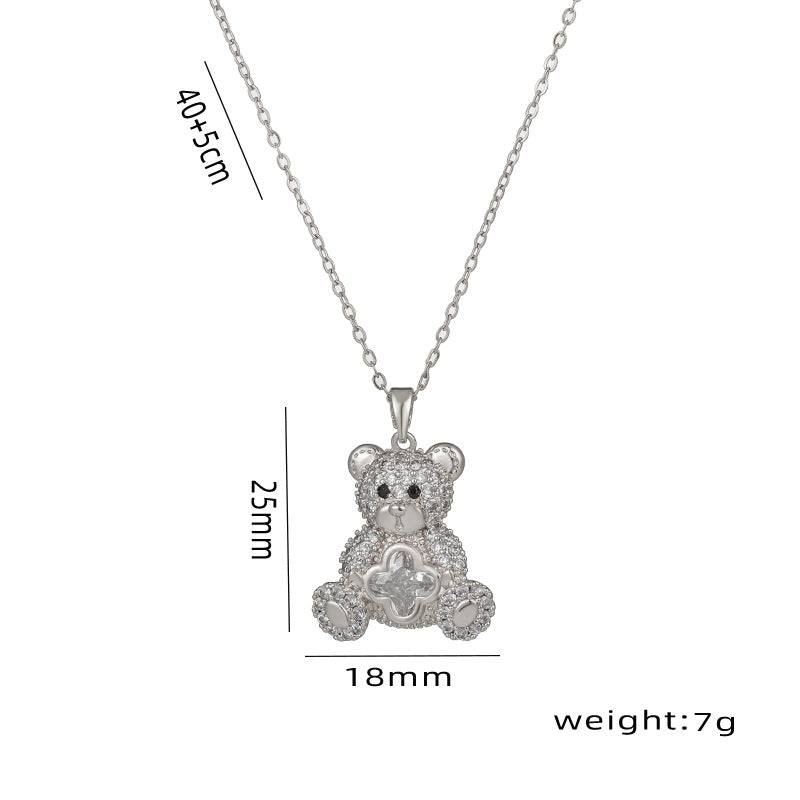 Cute Teddy Bear Pendant Necklace for Women with Rhinestone Inlay in Titanium Steel, Heart-Shaped Locket Chain with O-Chain Style