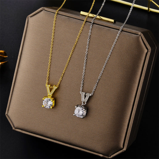 Minimalist Geometric Letter Pendant Necklace in Titanium Steel with Rhinestone Inlay and Plated Finish