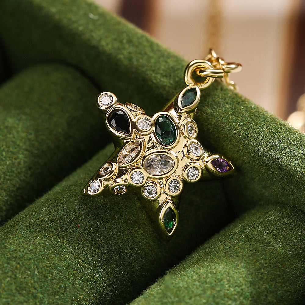 Geometric Star Pendant Necklace for Women in Copper with 18K Gold Plating and Zircon Inlay