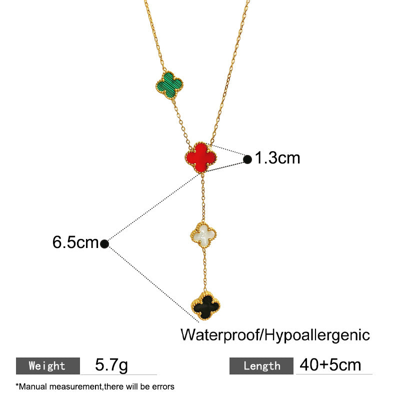 Minimalist Double-Sided Four-Leaf Clover Geometric Titanium Steel Plated Pendant Necklace with Tassel for Unisex
