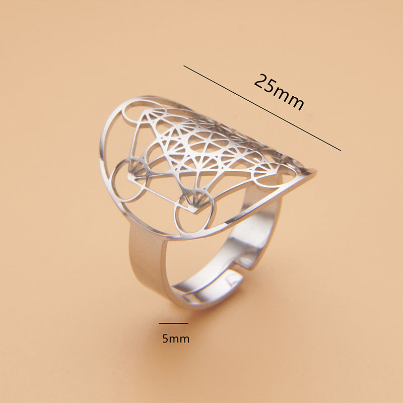 Adjustable Geometric Hexagram Oval Stainless Steel Ring with Polished Finish for Unisex