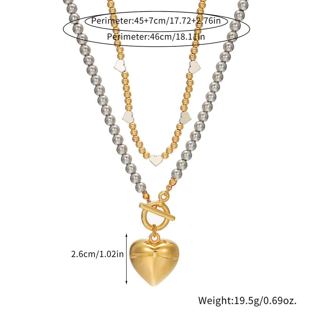 Sweet Streetwear Polished Alloy Heart Geometric Pendant Necklace with CCB Beads Choker for Women