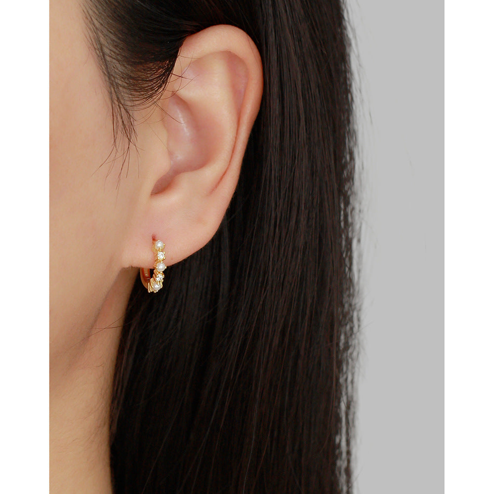 Orecchini a perno da donna in argento sterling S925, eleganti, geometrici, con intarsio di strass e dettagli effetto perla