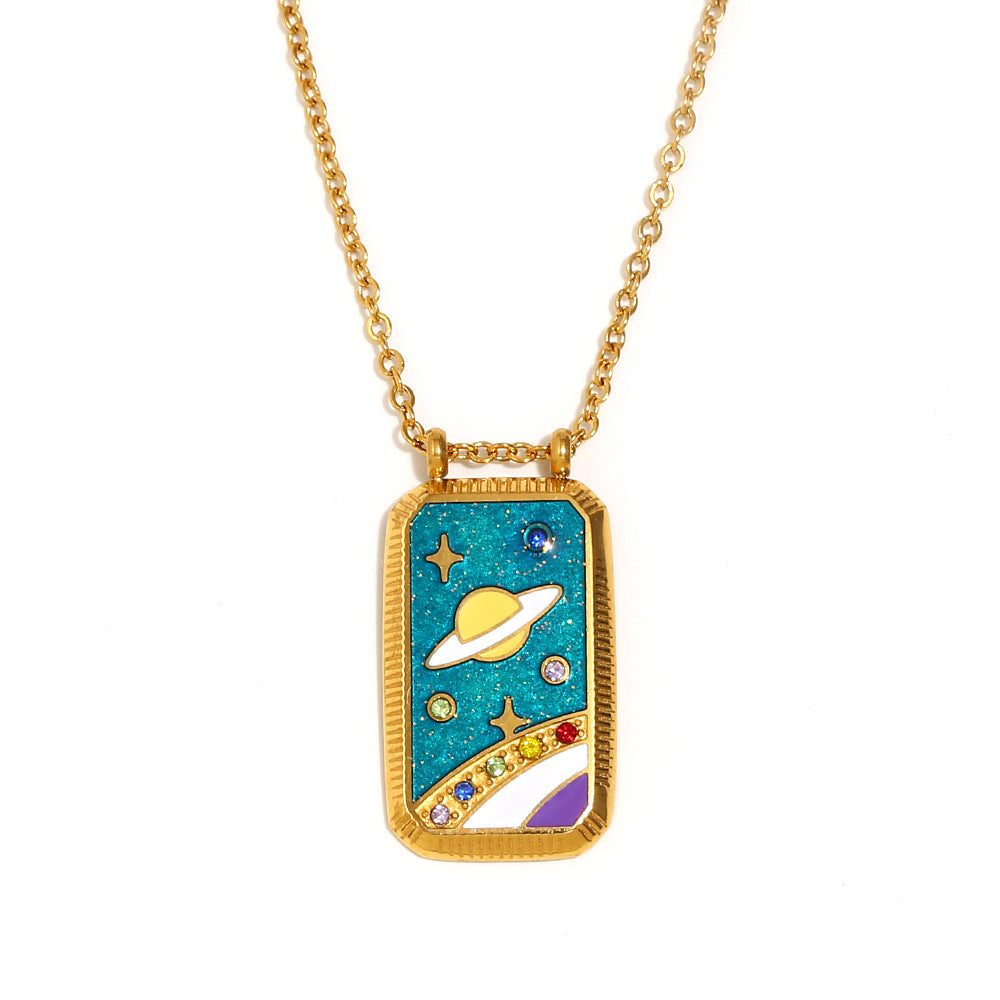 Vintage Elegant Geometric Square Stainless Steel Gold Plated Drip Oil Tarot Pendant Necklace for Women
