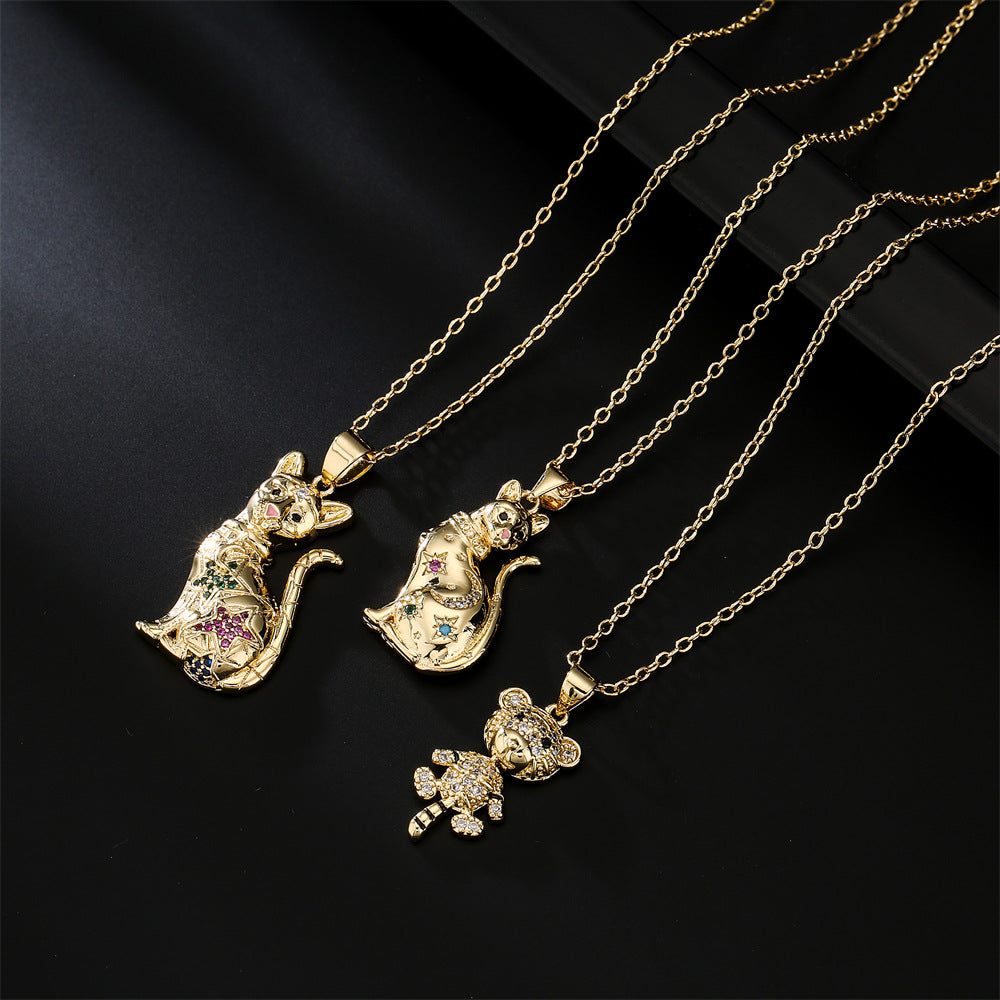 Minimalist Tiger Animal Pendant Necklace in Copper with Gold Plating and Micro-Pave Zirconia