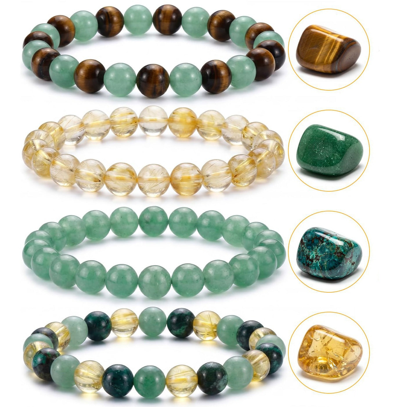 Natural Tiger's Eye and Citrine Geometric Round Beaded Bracelet Unisex Good Luck Charm