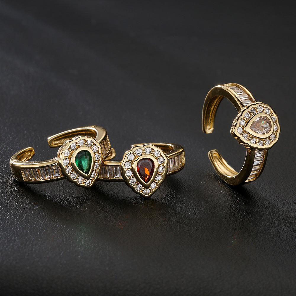 Vintage Geometric Open-Ended Drop-Shaped Ring for Women Made of Brass with 18K Gold Plating and Zircon Inlay