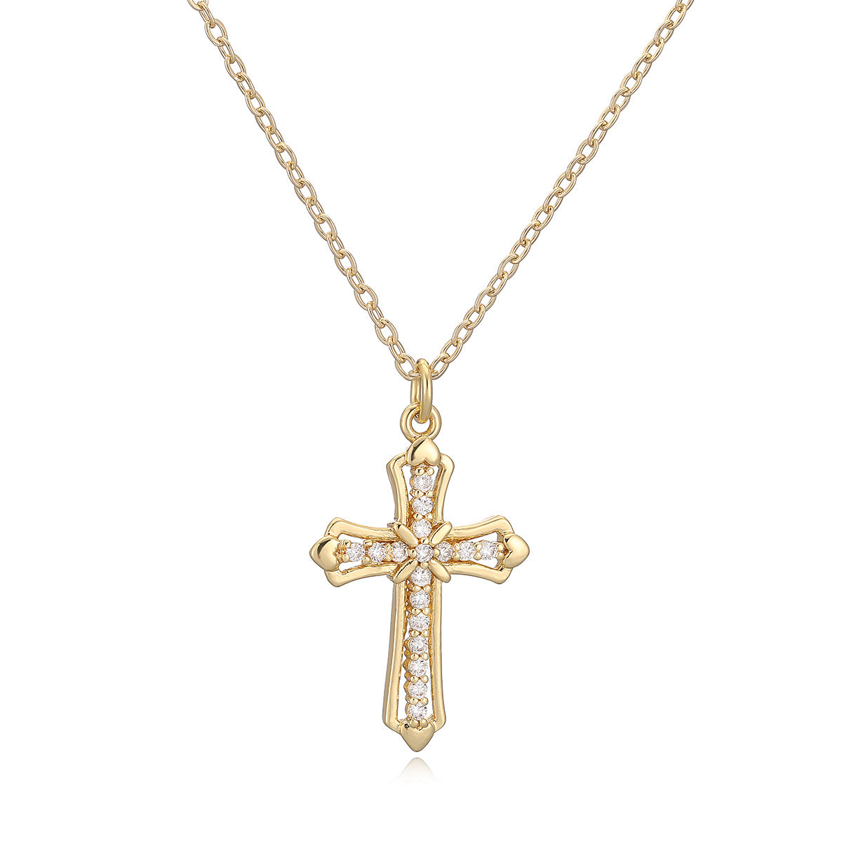 Minimalist 18K Gold Plated Brass Cross Pendant Necklace with Cubic Zirconia for Women