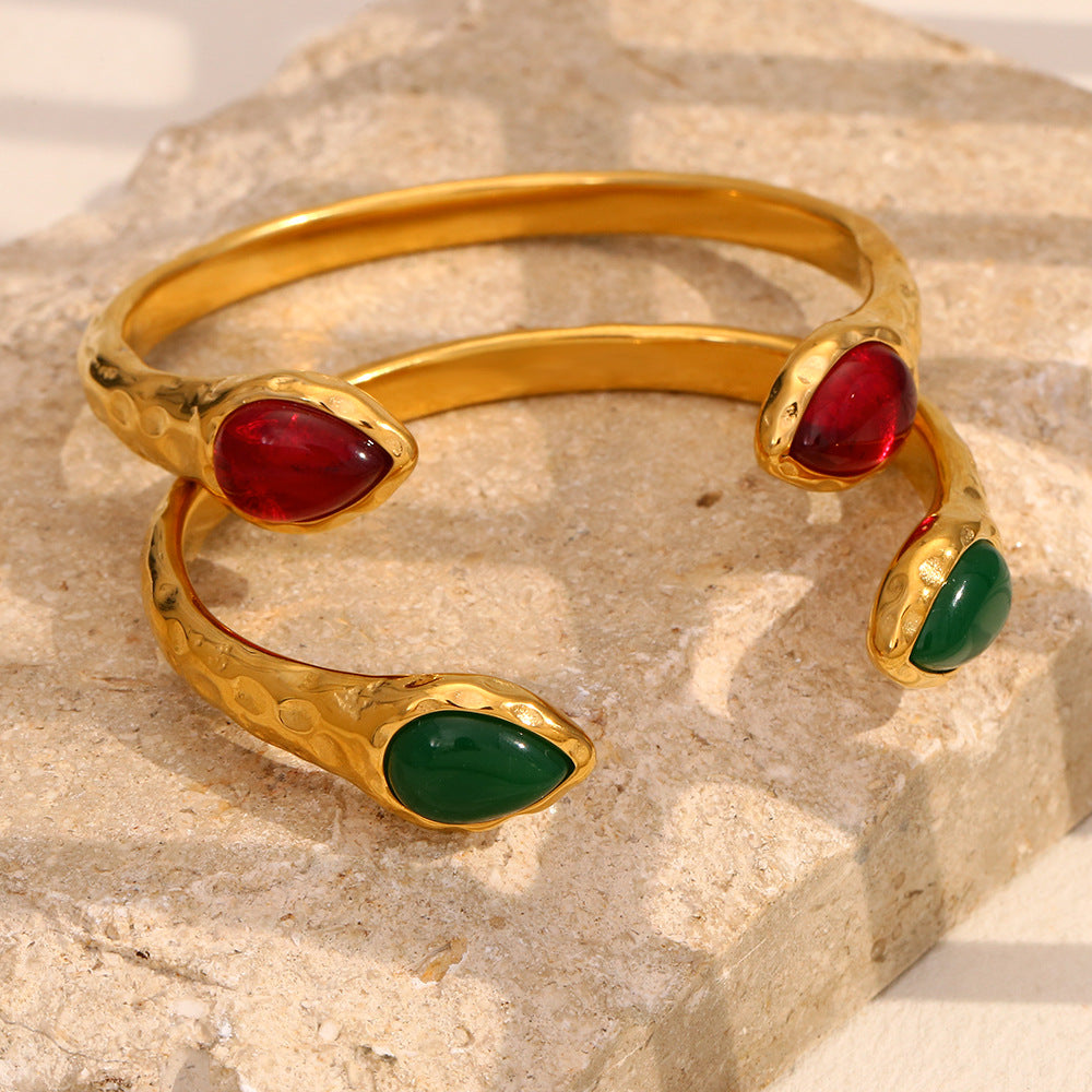 Bracciale da donna in acciaio inossidabile placcato oro 18 carati con testa di serpente doppia e agata, ispirato alla geometria vintage francese