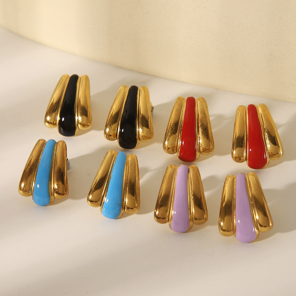 Geometric Fan-Shaped Enamel Stainless Steel Earrings with 18K Gold Plating for Women