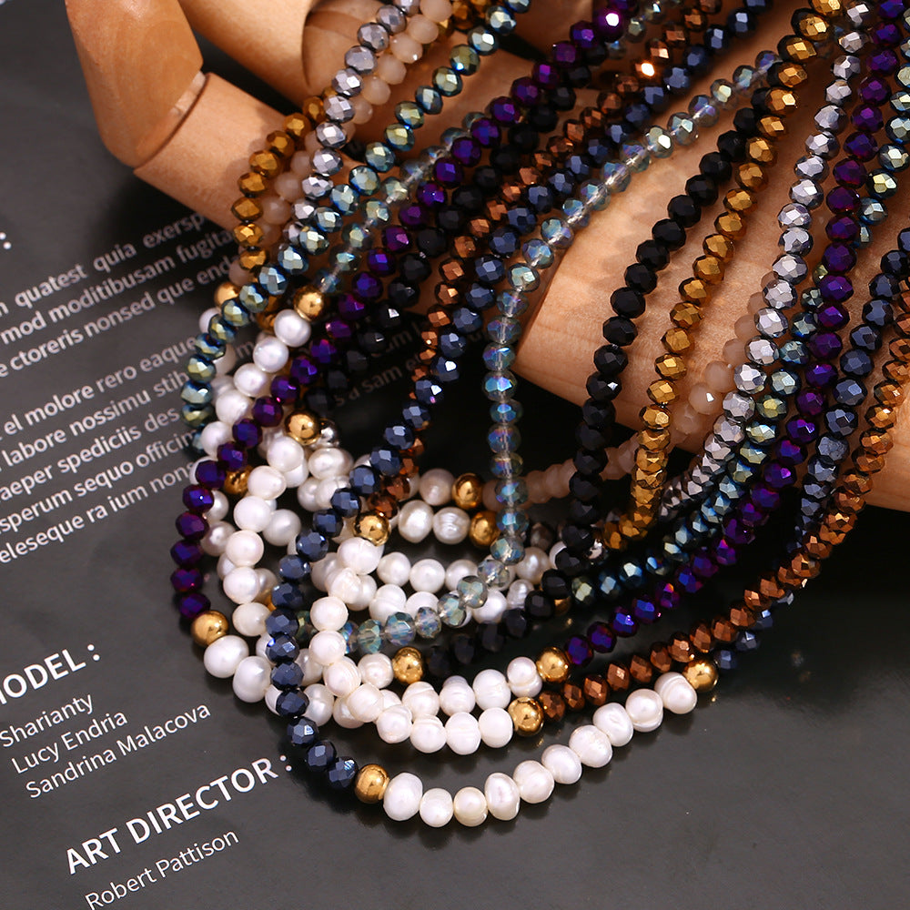 Collana alla moda da donna in stile OL con pendente geometrico in acciaio inossidabile, dieci perle d'acqua dolce e cristalli sfaccettati scuri infilati a mano su catena standard