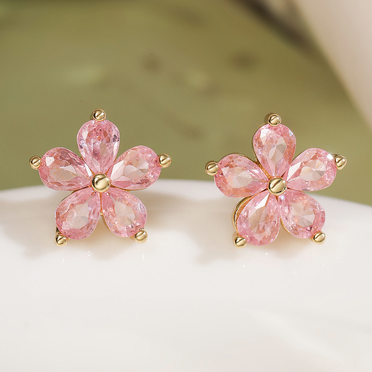 Minimalist 18K Gold Plated Brass Geometric Floral Cubic Zirconia Micro-Inlay Stud Earrings for Women