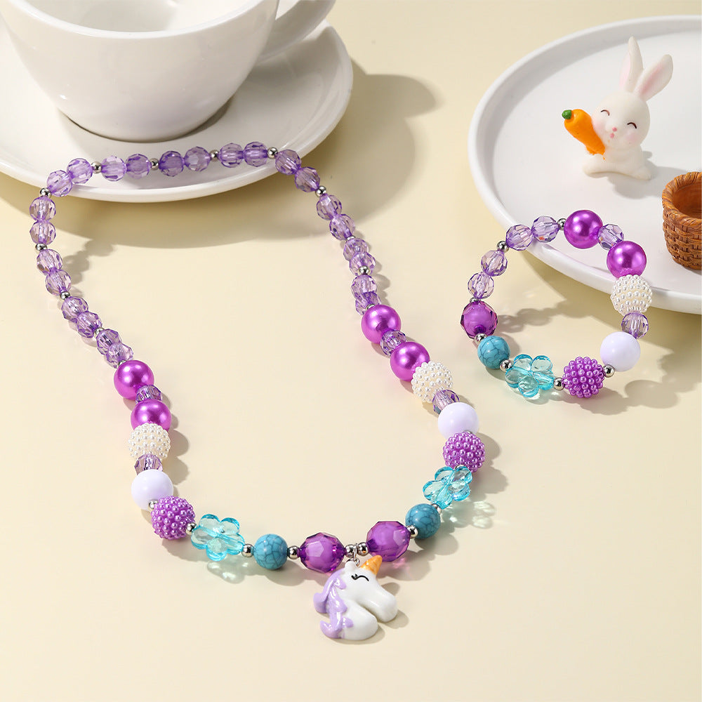 Set di collane colorate per bambini alla dopamina con braccialetto di perline rosa, ciondolo unicorno arcobaleno e gioielli per bambini a forma di animale in acrilico