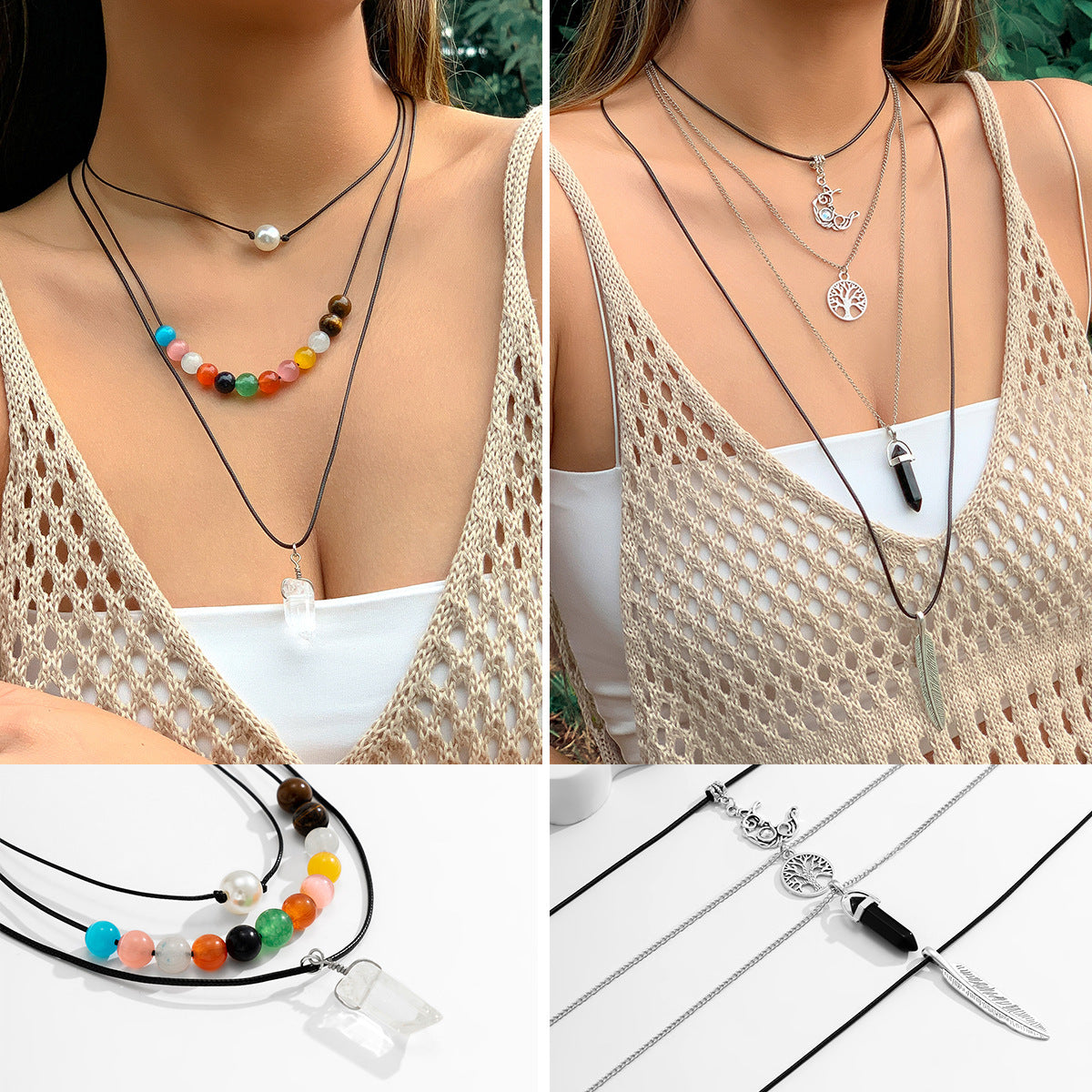 Collar Colgante Luna Bohemia con Cuentas de Aleación y Borlas en Cadena Electrochapada para Mujer