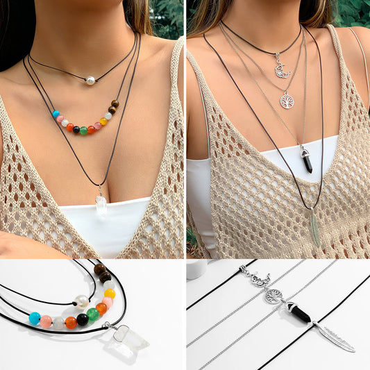 Collana con pendente Bohemian Moon con perline in lega e nappe su catena elettroplaccata da donna