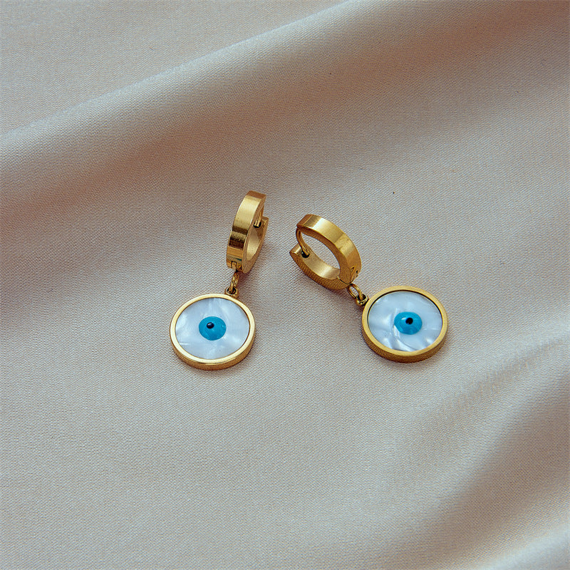 Minimalist Retro Blue Eye Shell Pendant Earrings in Titanium Steel with Plated Finish