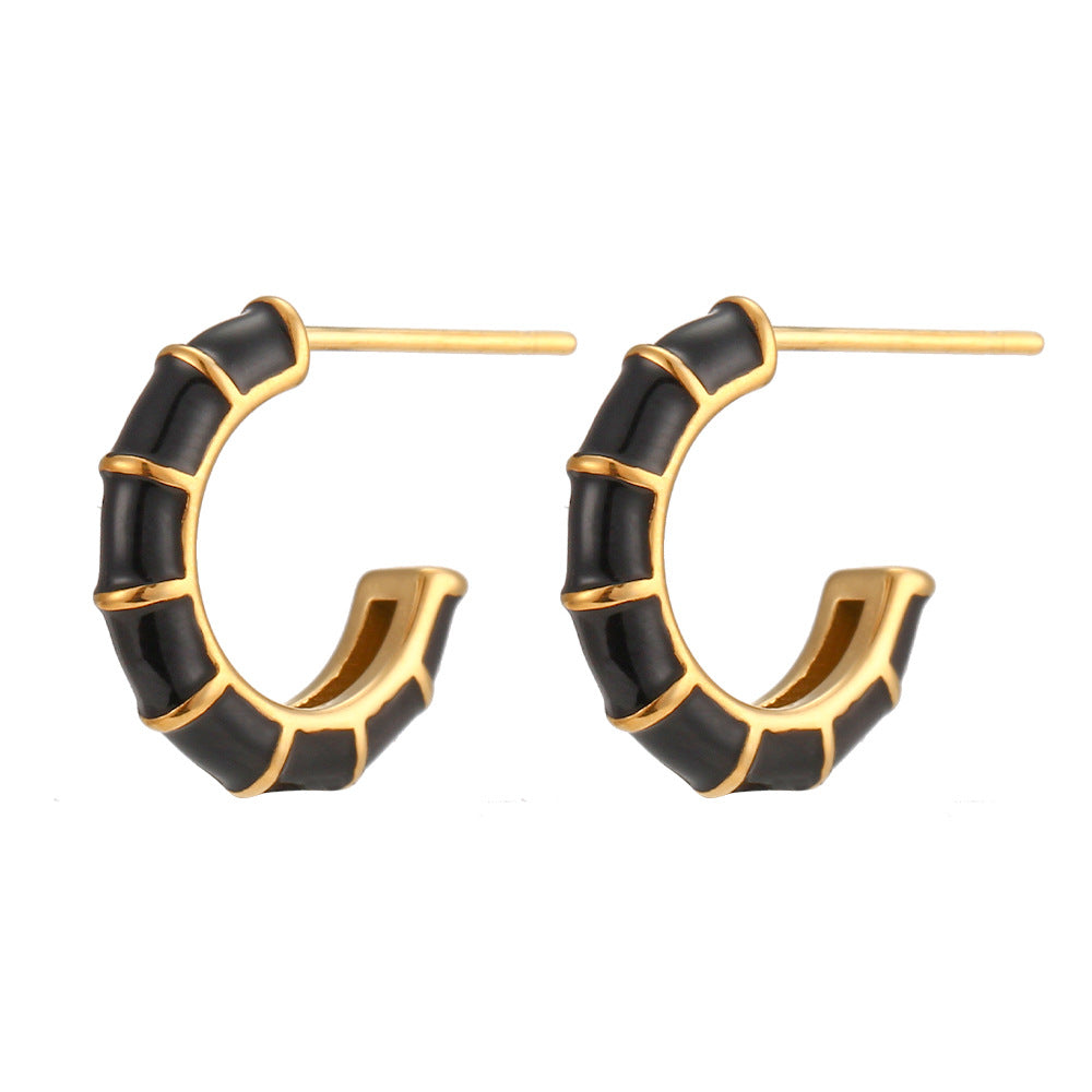 Fashionable Geometric Wheel-Shaped Stainless Steel Earrings with 18K Gold Plating and Enamel Coloring for Women
