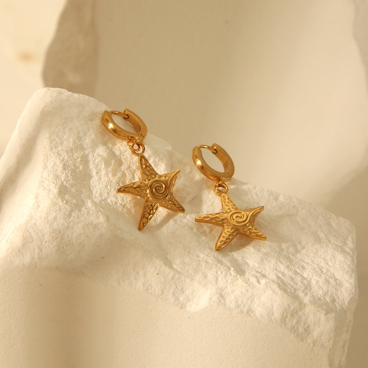 Vintage French Style 18K Gold Plated Stainless Steel Starfish Geometric Earrings for Women