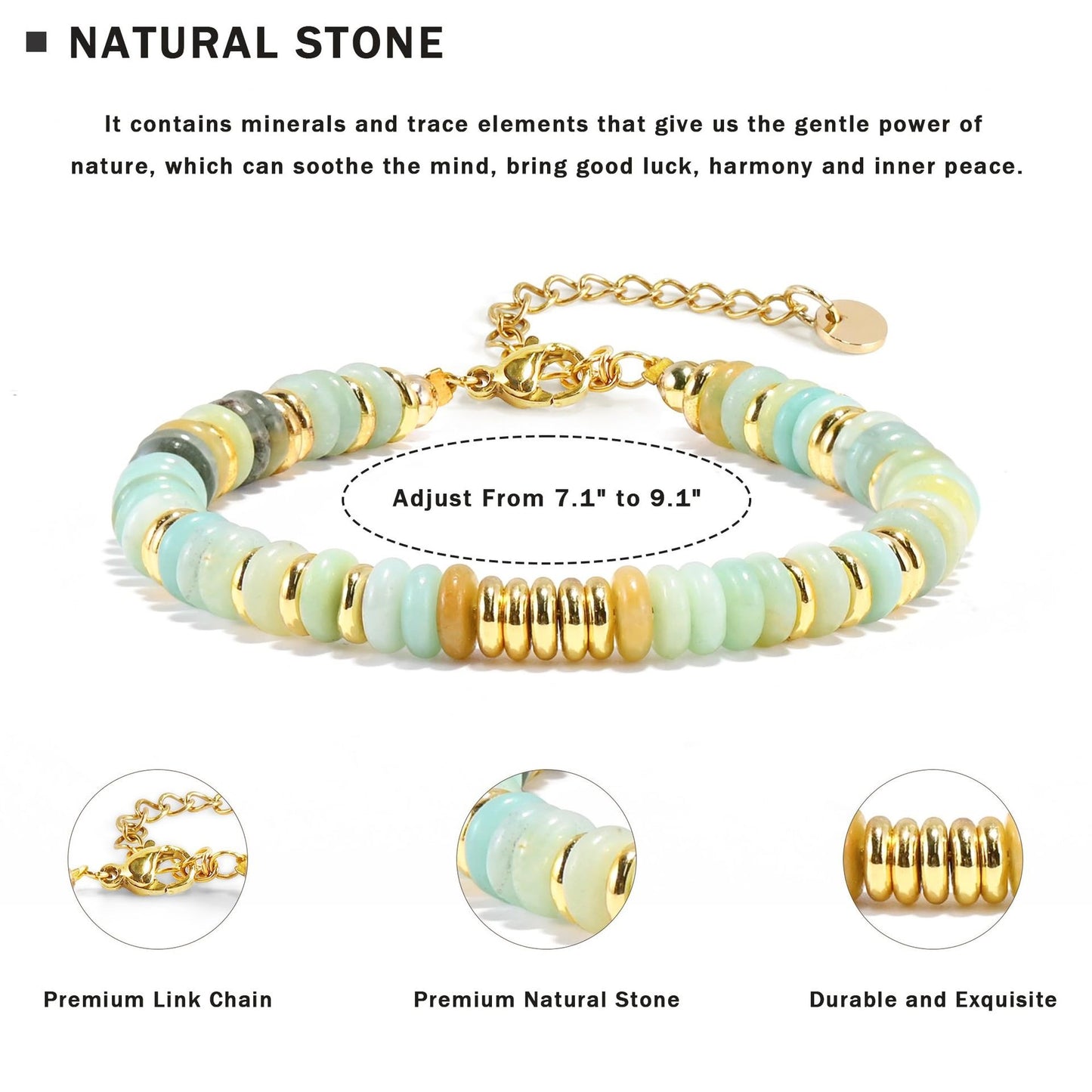 Fashion Geometric Round Natural Gemstone Beaded Bracelet with Gold Spacers and Lobster Clasp Adjustable Unisex Jewelry