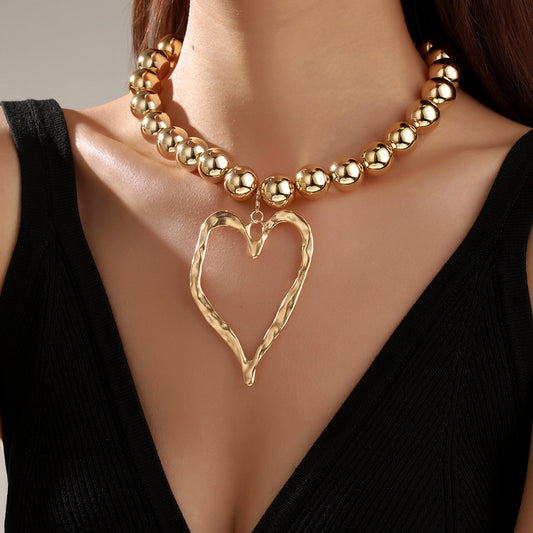 Irregular Geometric Heart Pendant Alloy Beaded Cable Chain Necklace