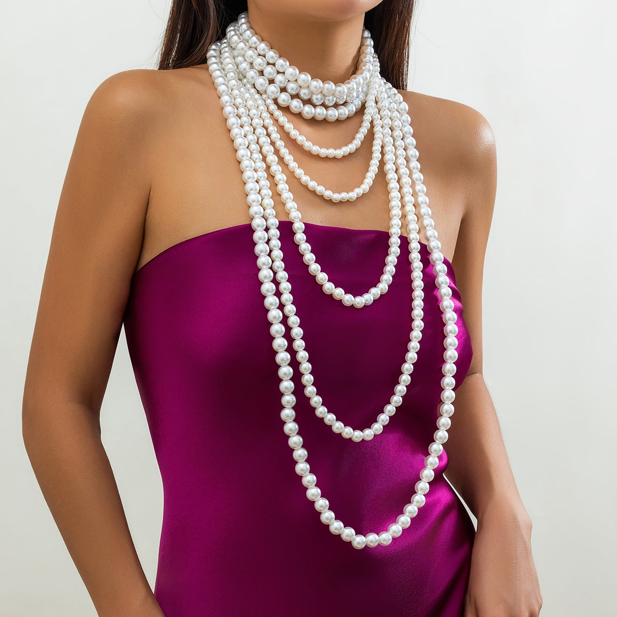 Vintage Multi-Layer Faux Pearl Ball Chain Choker Necklace for Women