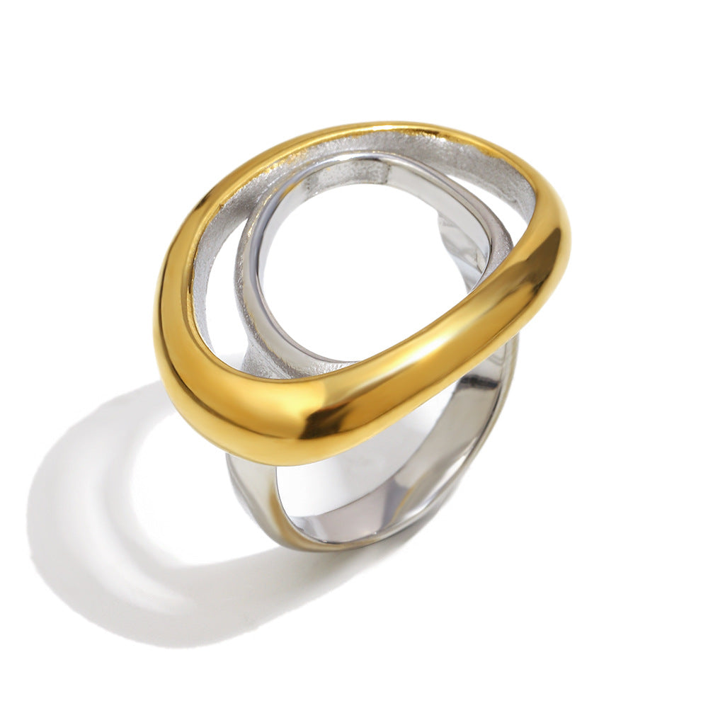 Anillo de acero inoxidable geométrico minimalista con chapado en oro de 18 quilates para mujer, banda ovalada de dos tonos