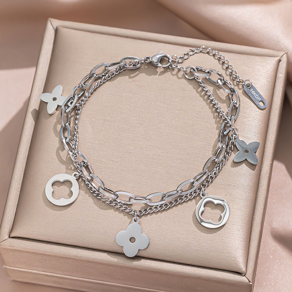Minimalist Stainless Steel Double-Layer Hollow Four-Leaf Clover Bracelet with Multiple Pendants and Letter Charms