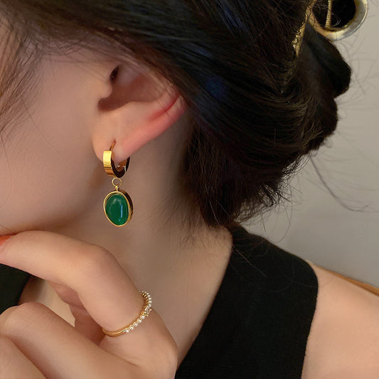 Minimalist Oval Titanium Steel Stud Earrings with Green Stone Inlay for Women