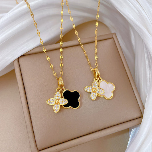 Luxury Double-Layer Floral Necklace for Women with Titanium Steel Chain and Moon Pendant