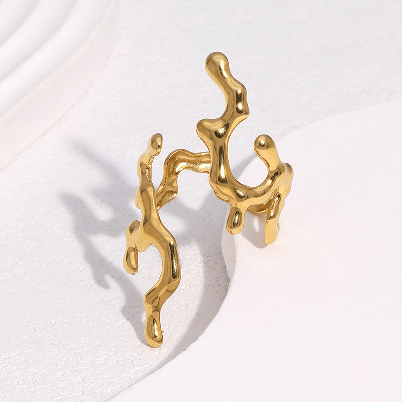 Anello aperto regolabile in acciaio inossidabile a tema floreale di corallo, minimalista, da donna, con finitura galvanica