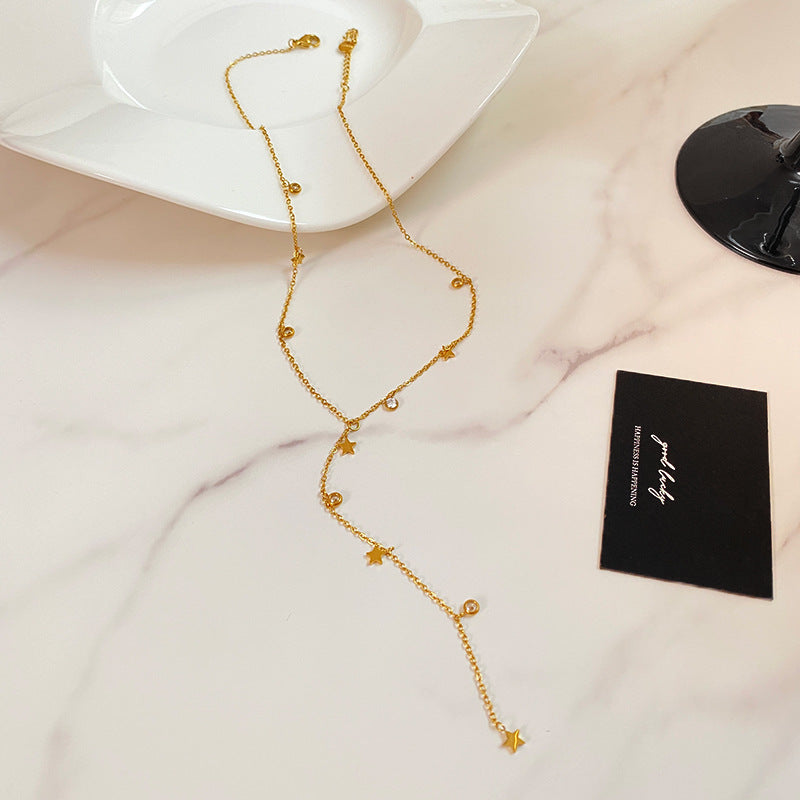 Vintage Star Moon Titanium Steel Plated Layered Tassel Necklace for Unisex