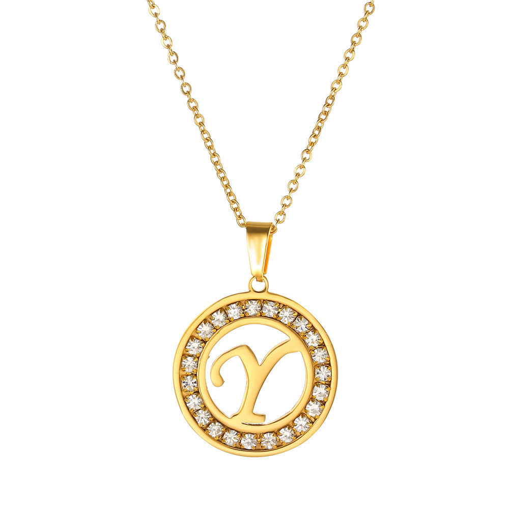 Minimalist Gold Plated Round Letter Rhinestone Inlay Pendant Necklace Titanium Steel Cable Chain
