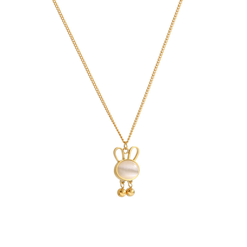 Collana con Ciondolo Coniglio Originale in Acciaio al Titanio con Intarsio in Pietra Occhio di Gatto su Catena a O per Uomo e Donna