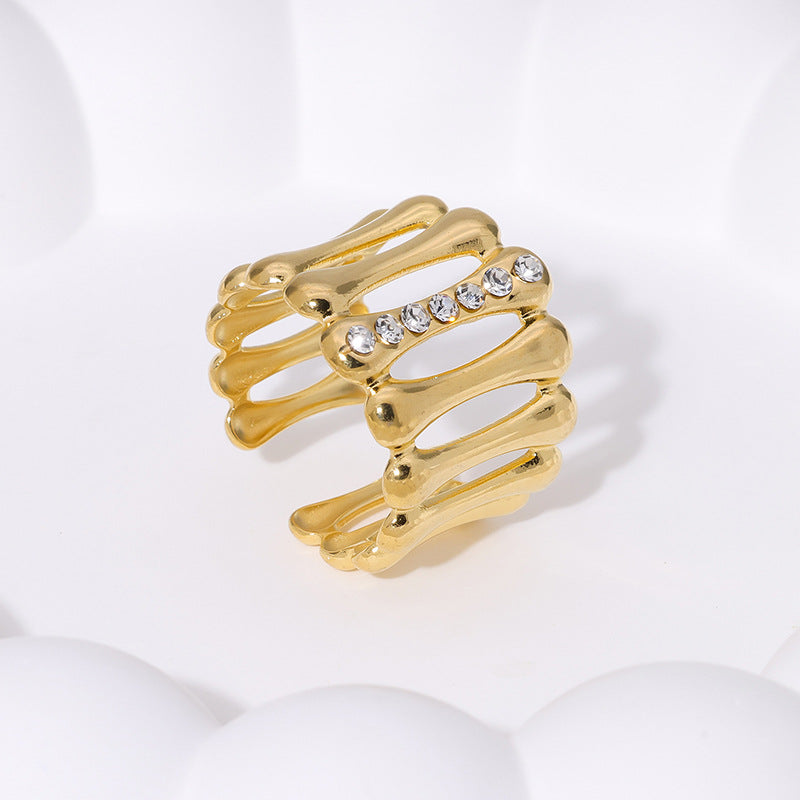 Minimalist Geometric Stainless Steel Open Ring for Women with 18K Gold Plating and Rhinestone Inlay