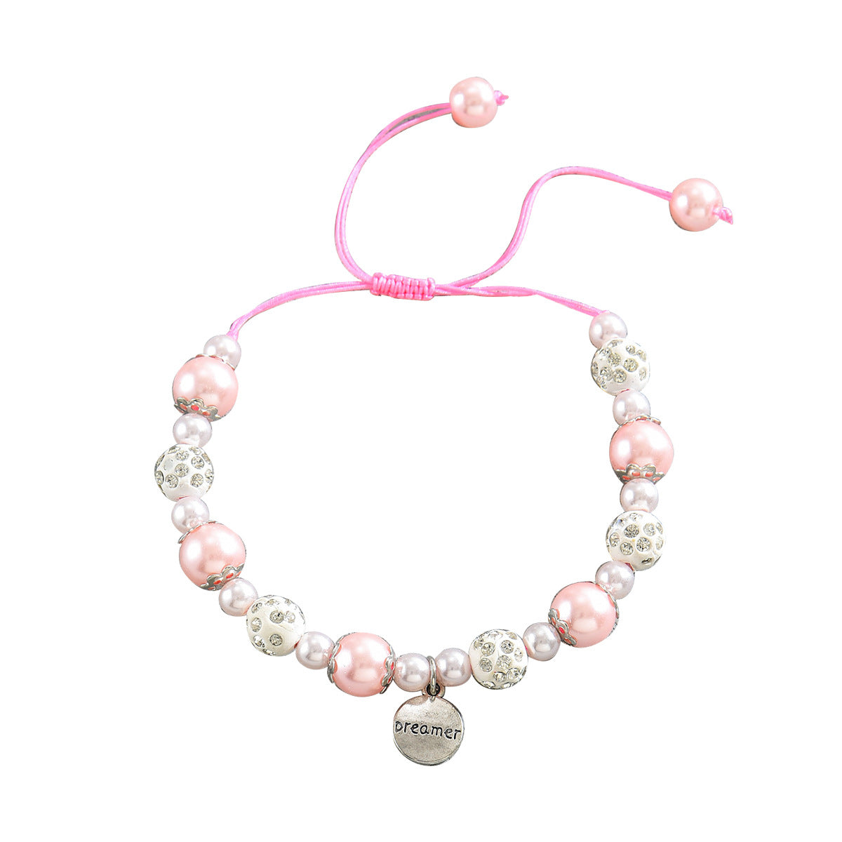 Chanel-Inspired Pink Pearl Bracelet with Letter Charm Hand-Strung Rhinestone Accented Adjustable Wristband for Women