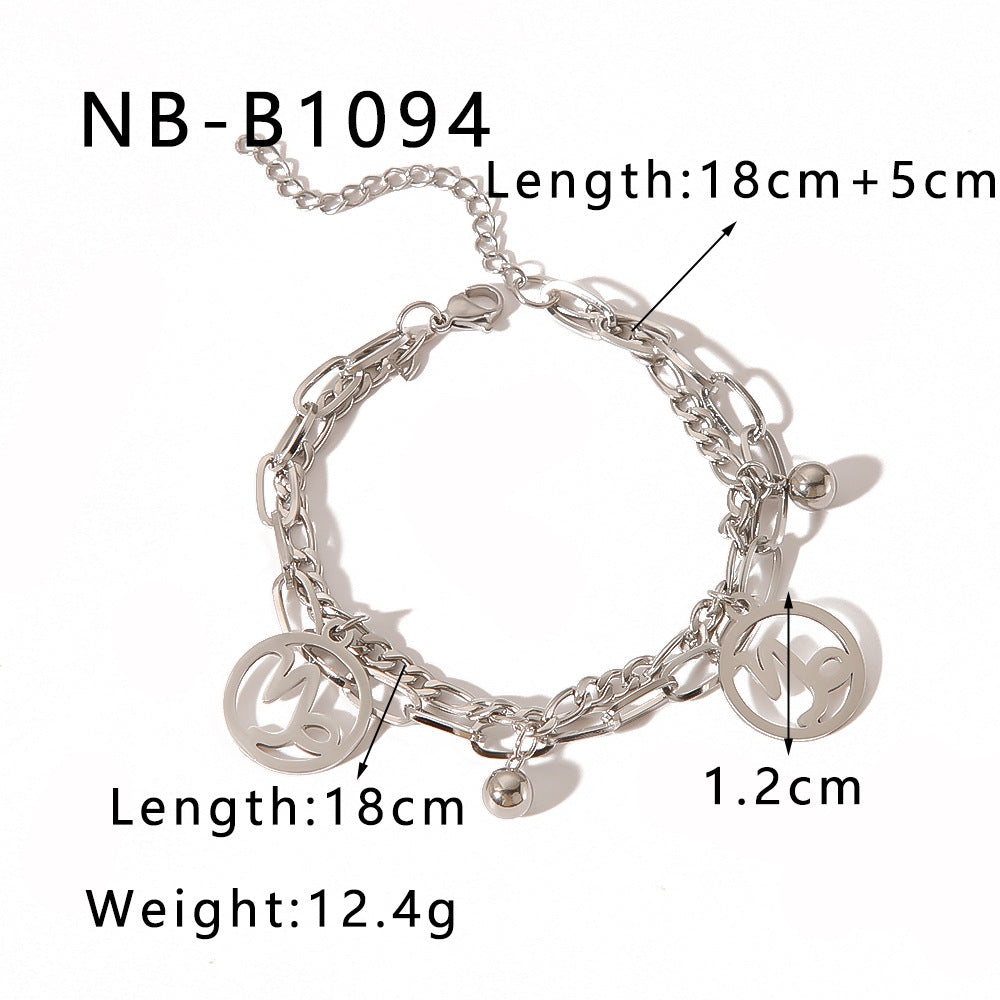 INS Style Zodiac Bracelet with Double Layer Cuban Link Chain Stainless Steel Pendant and 18K Vacuum Plated Finish