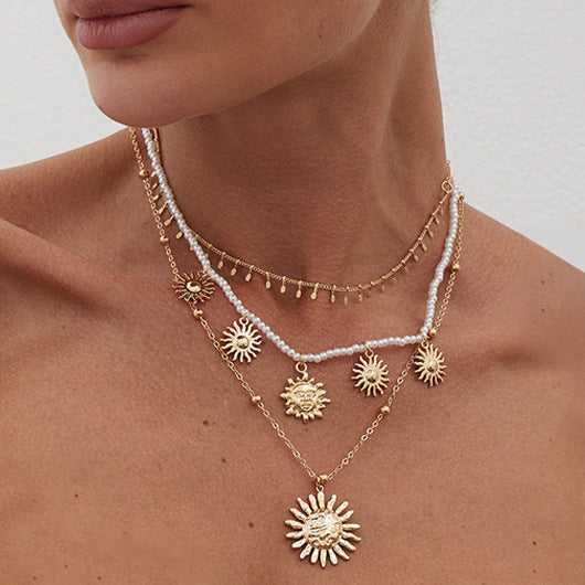 Sweet Floral Alloy Pendant Multi-layer Brass Ball Chain Necklace with Imitation Pearl for Women