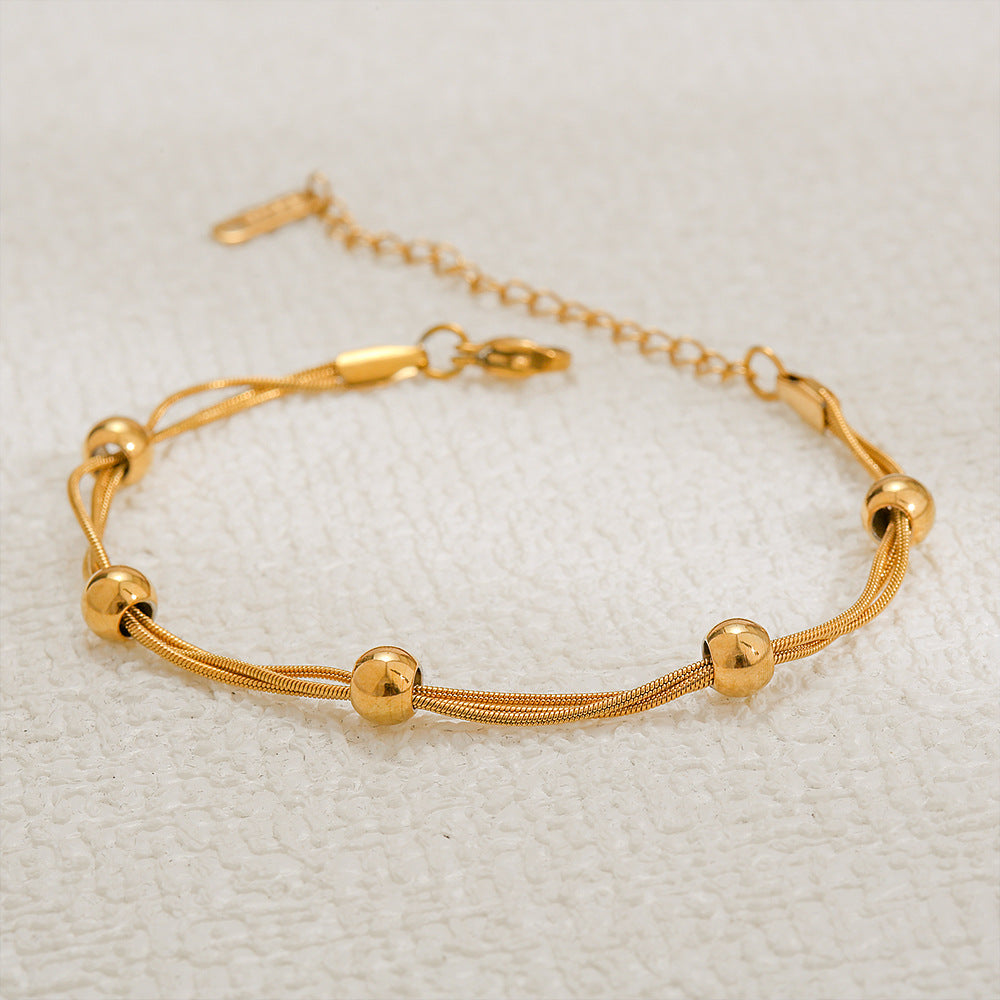Minimalist Stainless Steel Layered Bracelet Set with 18K Gold Plated Small Beads and Gold Chain for Women